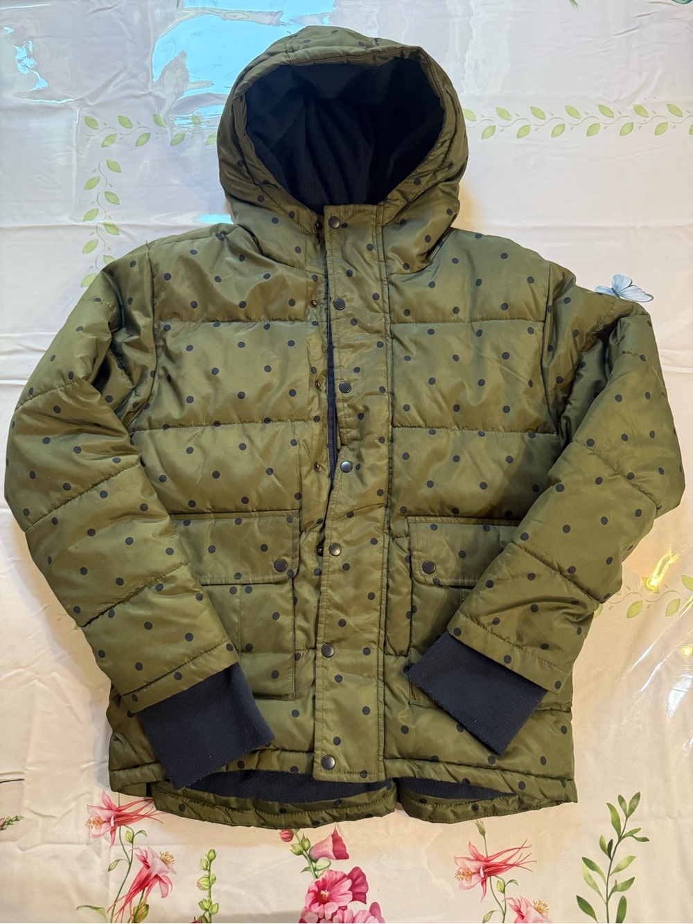 Olive Green Polka Dot Puffer Jacket with Hood
